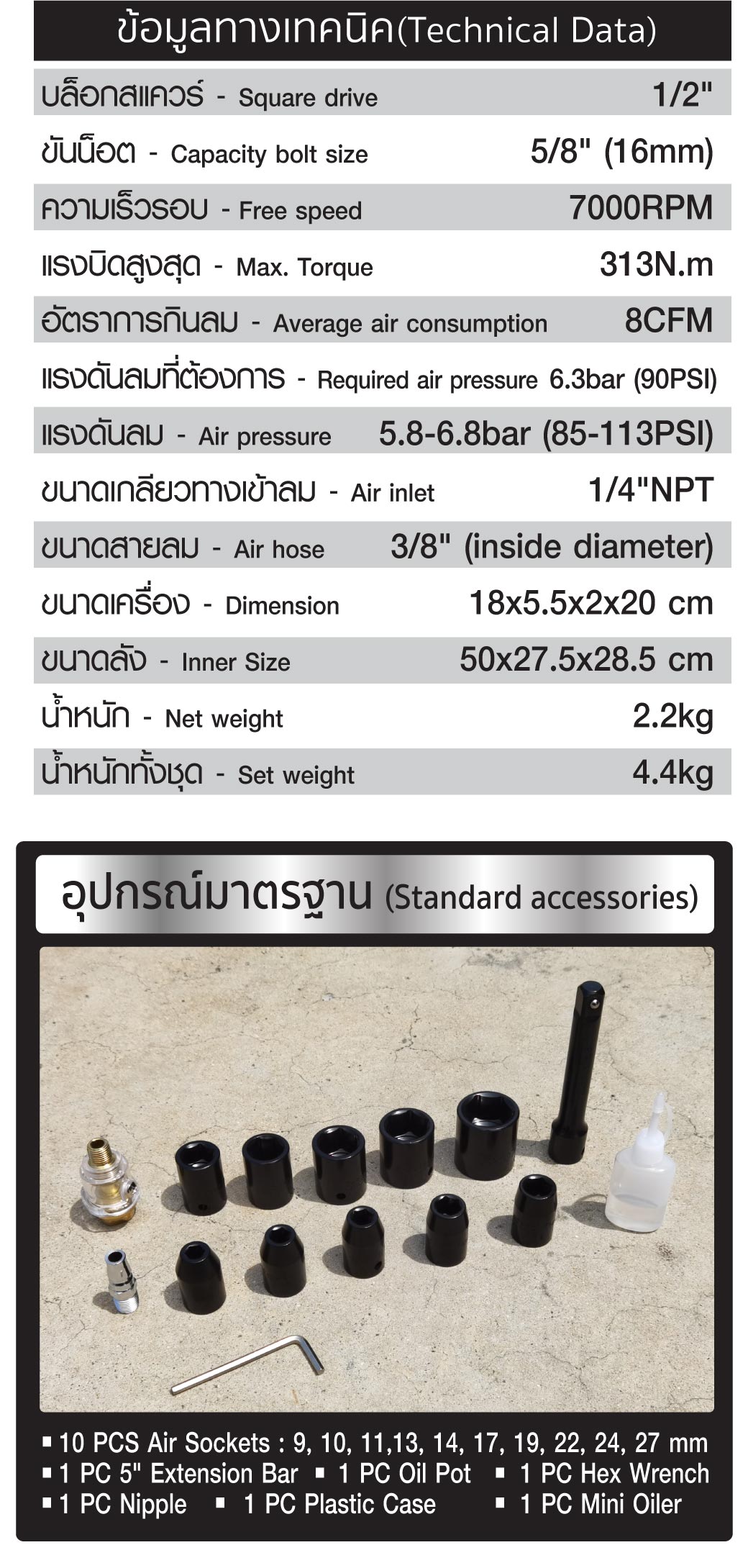 บล็อกลมค้อนเดี่ยว 1/2" 4 หุน