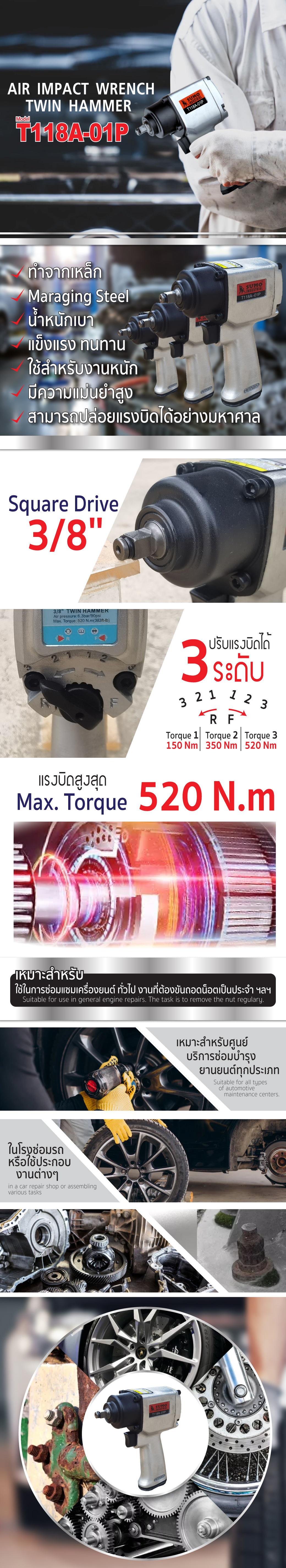 บล็อกลมค้อนคู่ 3/8" รุ่น T118A-01P SUMO แนะนำสินค้า