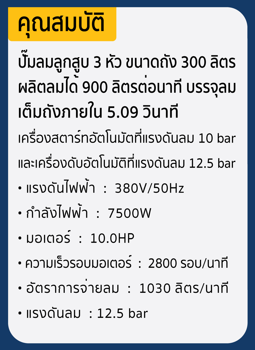 รายละเอียดสเป็ค ปั๊มลมลูกสูบสายพาน 10HP 300L รุ่น JW0.90/12.5T300 SUMO