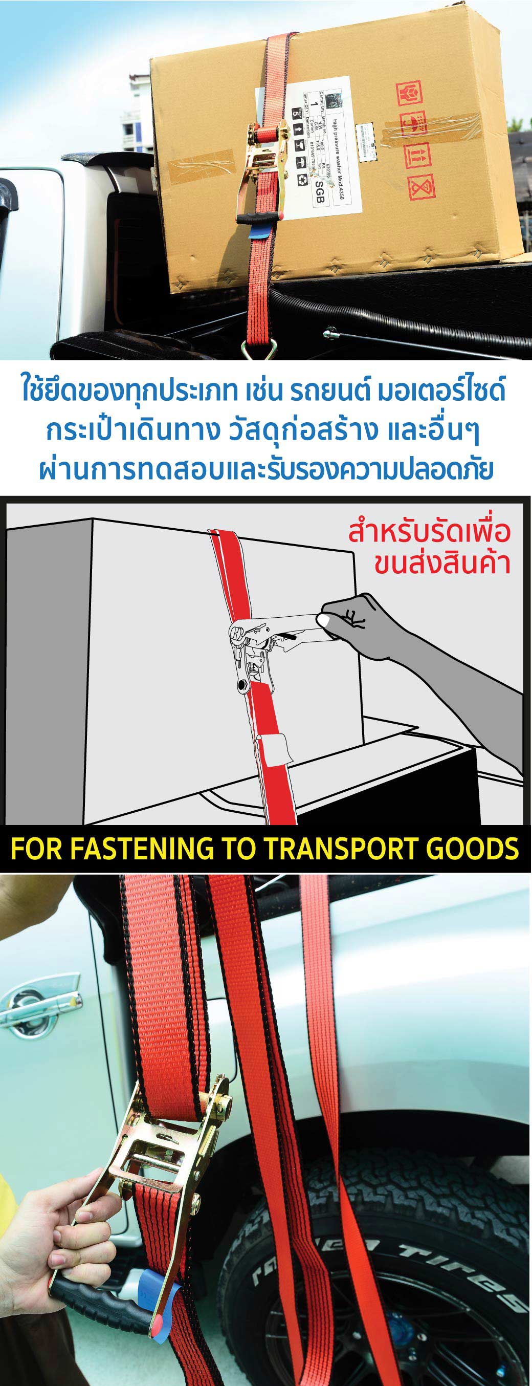 วิธีใช้ สายรัดรถบรรทุก รุ่น RT508 YAMADA สายรัดของรถบรรทุก ขนาด 2 นิ้ว รับน้ำหนักได้ 5 ตัน ยาว 8 เมตร